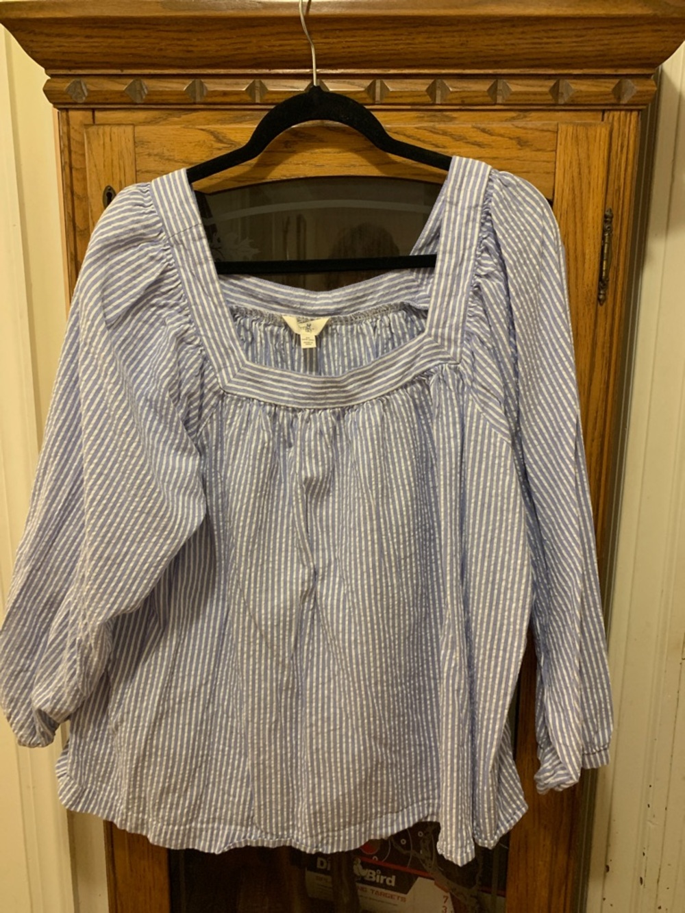 Terra & sky Light Blue Striped Peasant Blouse - Women Tops